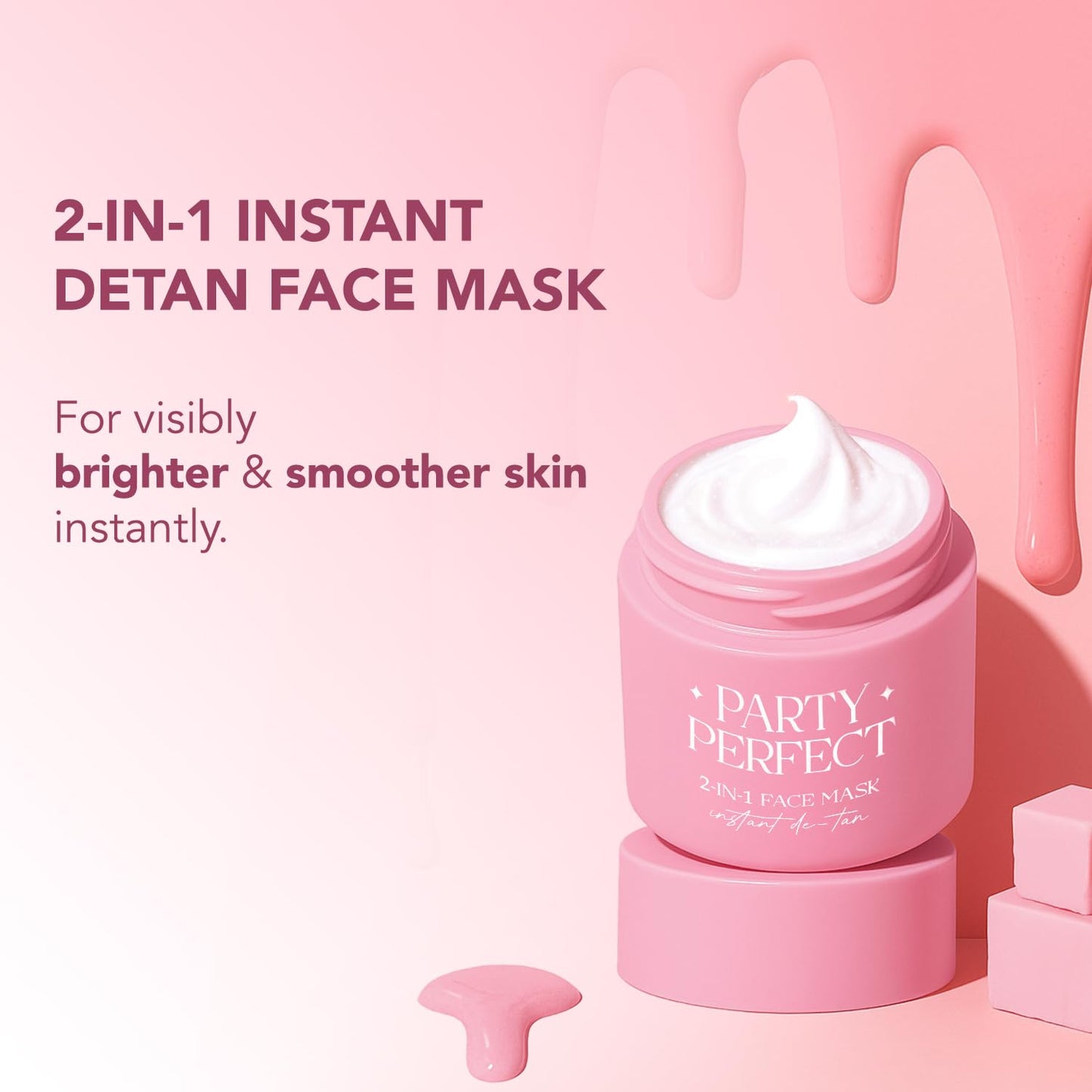 Pink 2-in-1 Instant Detan Face Mask jar with white cream on a pink background
