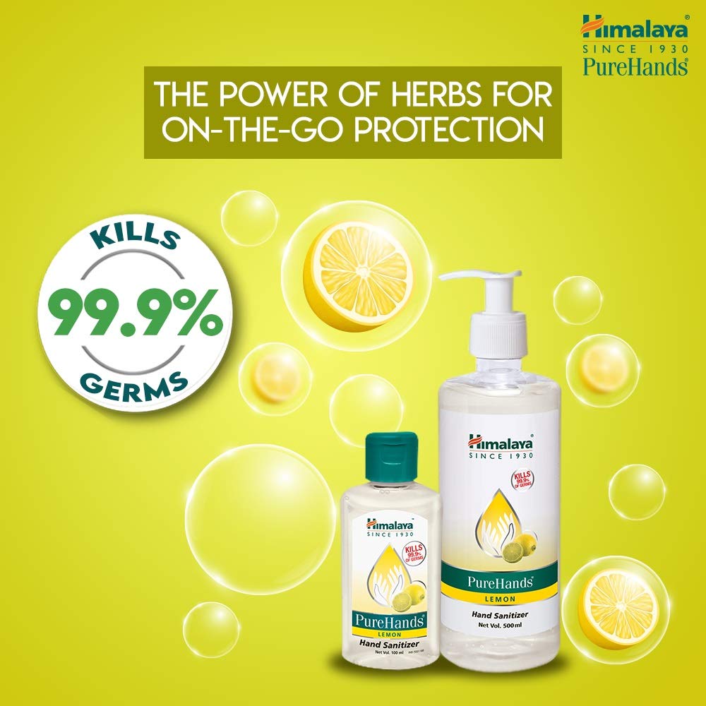 Himalaya PureHands hand sanitizer bottles on a green background with lemon graphics and text about germ-killing capabilities.