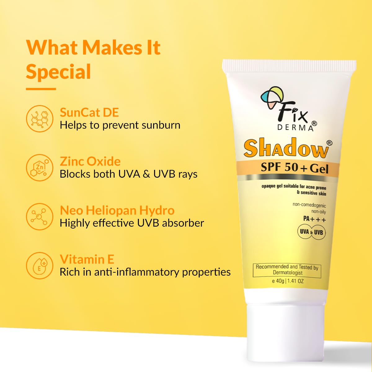 Fixderma Shadow Sunscreen SPF 50+ Gel for Oily Skin | Sunscreen for Body & Face | Broad Spectrum Protection from UVA & UVB | For Women & Men | Non Greasy & Water Resistant - 40gm