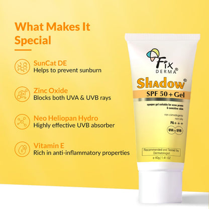 Fixderma Shadow Sunscreen SPF 50+ Gel for Oily Skin | Sunscreen for Body & Face | Broad Spectrum Protection from UVA & UVB | For Women & Men | Non Greasy & Water Resistant - 40gm