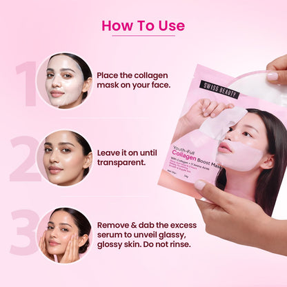Swiss Beauty Care Youth-Full Collagen Boost Mask | Glass-Skin In 2 Hours | With Collagen & 17 Amino Acids | Plumps & Hydrates | 34g