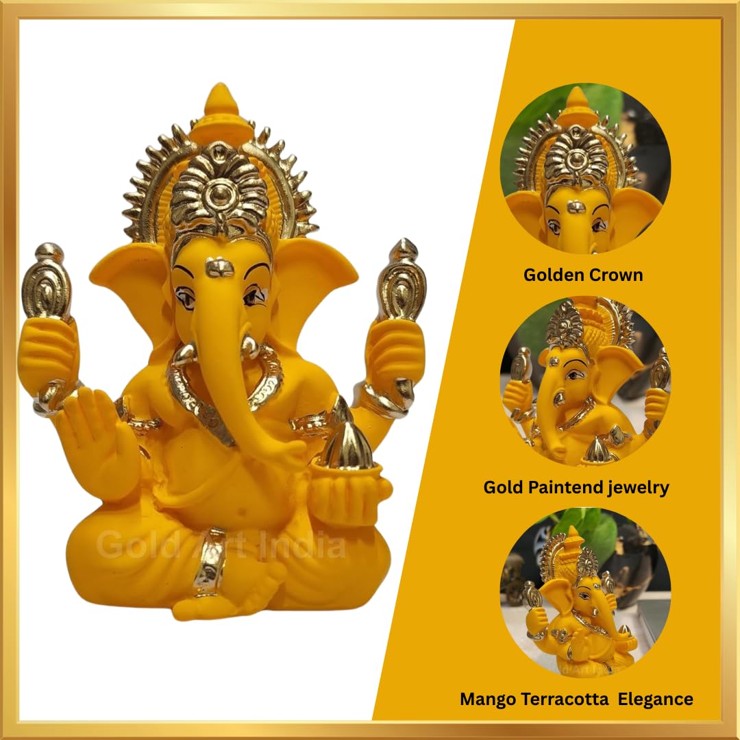 Gold Art India Handcrafted Mango Terracotta Ganesha with Golden Jewelry for Car Dashboard, Home/Office Decor, Gifting/Housewarming Gifts (4HANDGANESHAYELLOWTERRACOTTA 3.3")
