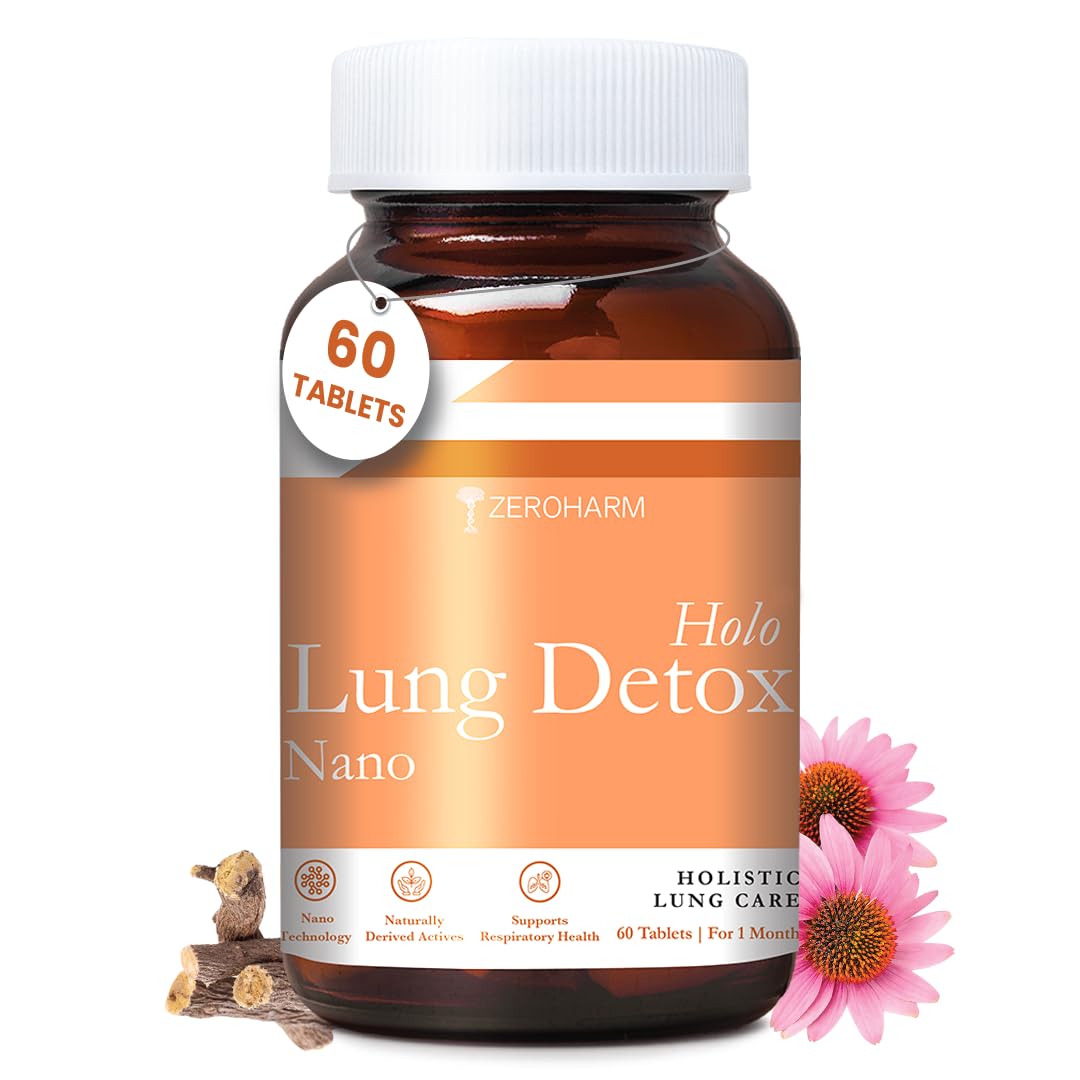 ZEROHARM Holo Lung Detox Tablets for Smokers | Vasaka, Echinacea, Ginger, Basil & Mulethi | Ayurvedic Lung Cleanse for Pollution & Respiratory Health | Nanotechnology for Men & Women | 60 Tablets