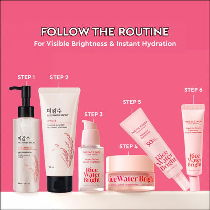 Cosmetic products with steps for a routine on a pink background