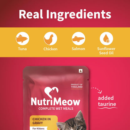 NutriMeow Chicken in Gravy Wet Kitten Food - 80gm | Protein-Packed, Healthy & Tasty Cat Pouch | Complete & Balanced Nutrition for Growing Kittens | Suitable for Persian & All Cat Breeds