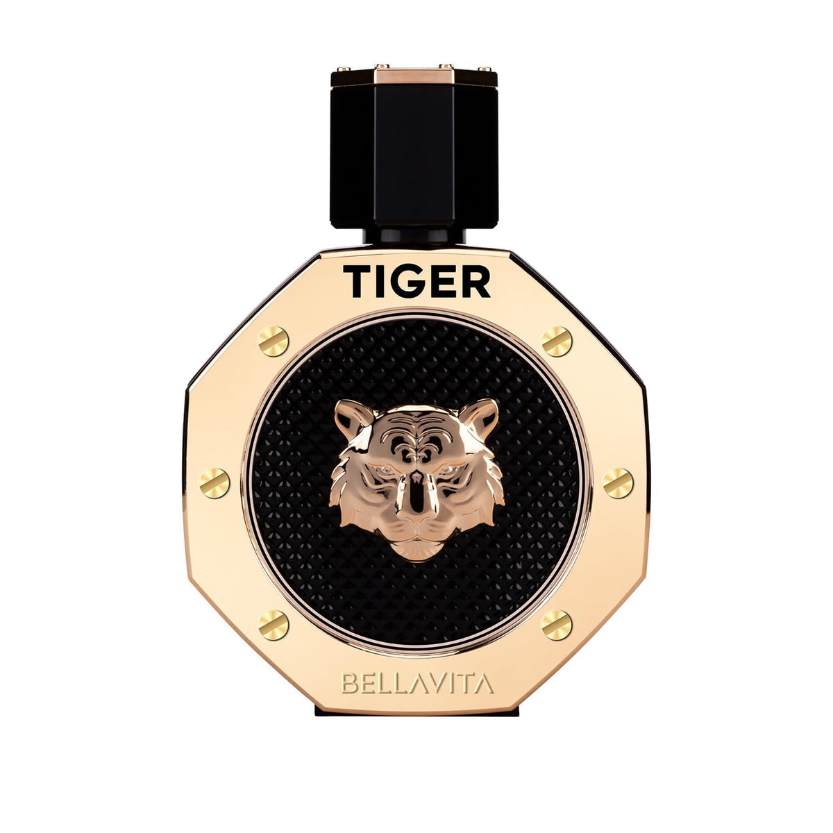 Perfume bottle with tiger design and 'BELLAVITA' branding on a white background