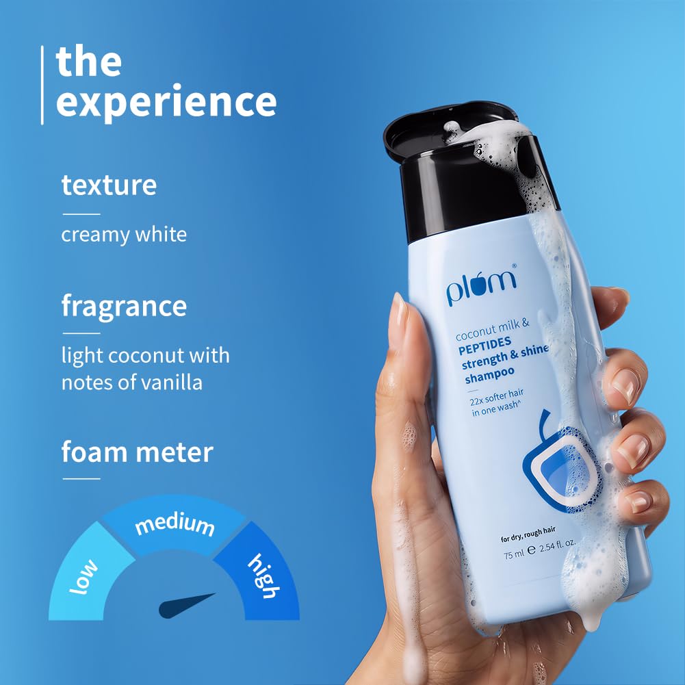 Plum Coconut Milk & Peptides Shampoo for Dry & Frizzy Hair | Provides 22X Shiny & Softer | Paraben-Free | Hair Shampoo for Women & Men | for Straight, Wavy & Rough Hair | pH Balanced | 75ml