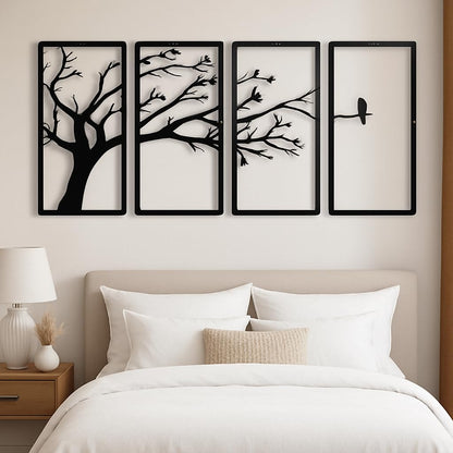 Modern 4-Piece Tree Wall Art Panel Set | Branch & Birds Design | MDF Wooden Wall Hanging | 3D Matte Finish | Items For Living Room/Bedroom/Drawing Room/Dining Room | 40x22 cm Each - Black