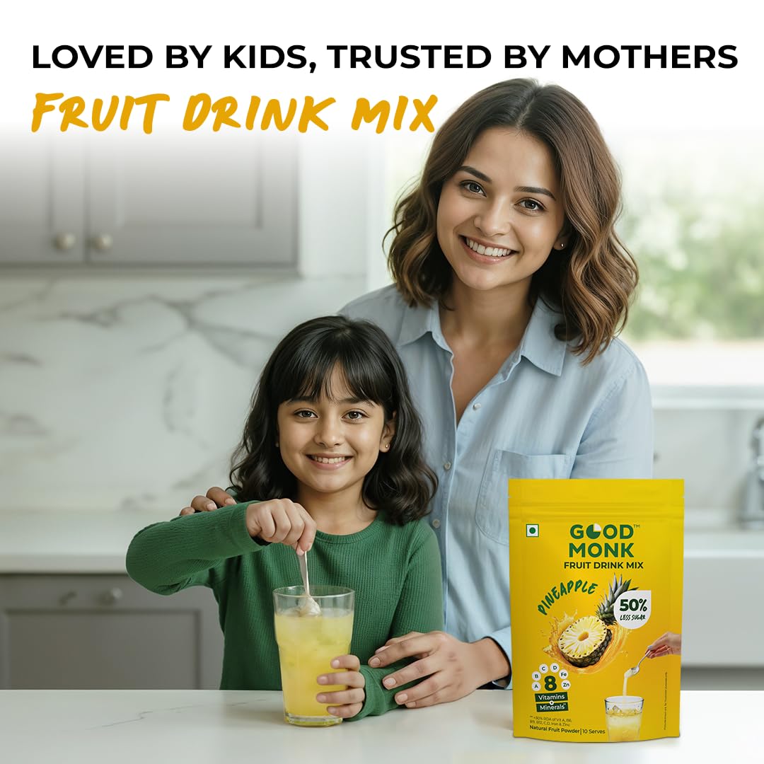 Good Monk Fruit Drink Mix (Natural Pineapple Powder), 50% Less Sugar with 8 Vitamins & Minerals (Vitamin B12, C, D, Iron & more) | Tasty & Healthy Drink Mix for Hydration, Energy, Immunity, 10 Serves