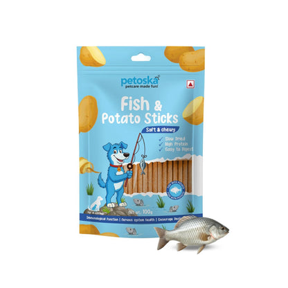PETOSKA Potato Fish Sticks- 100gms | Crunchy Dog Treats | Dog Treats with Fish & Potato | Highly Nutritious | Easy to Digest | Dental Hygiene | Suitable for All Dog Breeds | Pack of 1