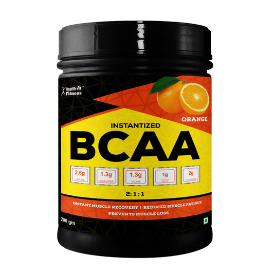 BCAA supplement container with orange flavor on a white background