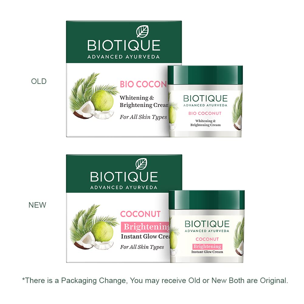 Comparison of Biotique Bio Coconut and Coconut skincare products with packaging changes.