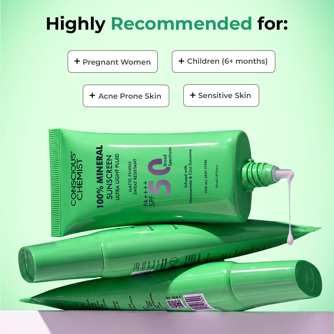 Green sunscreen tube with 'Conscious Chemist' branding on a light green background