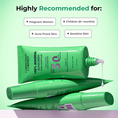 Green sunscreen tube with 'Conscious Chemist' branding on a light green background