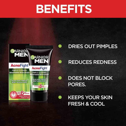 Garnier Men AcnoFight products with benefits listed on a dark background