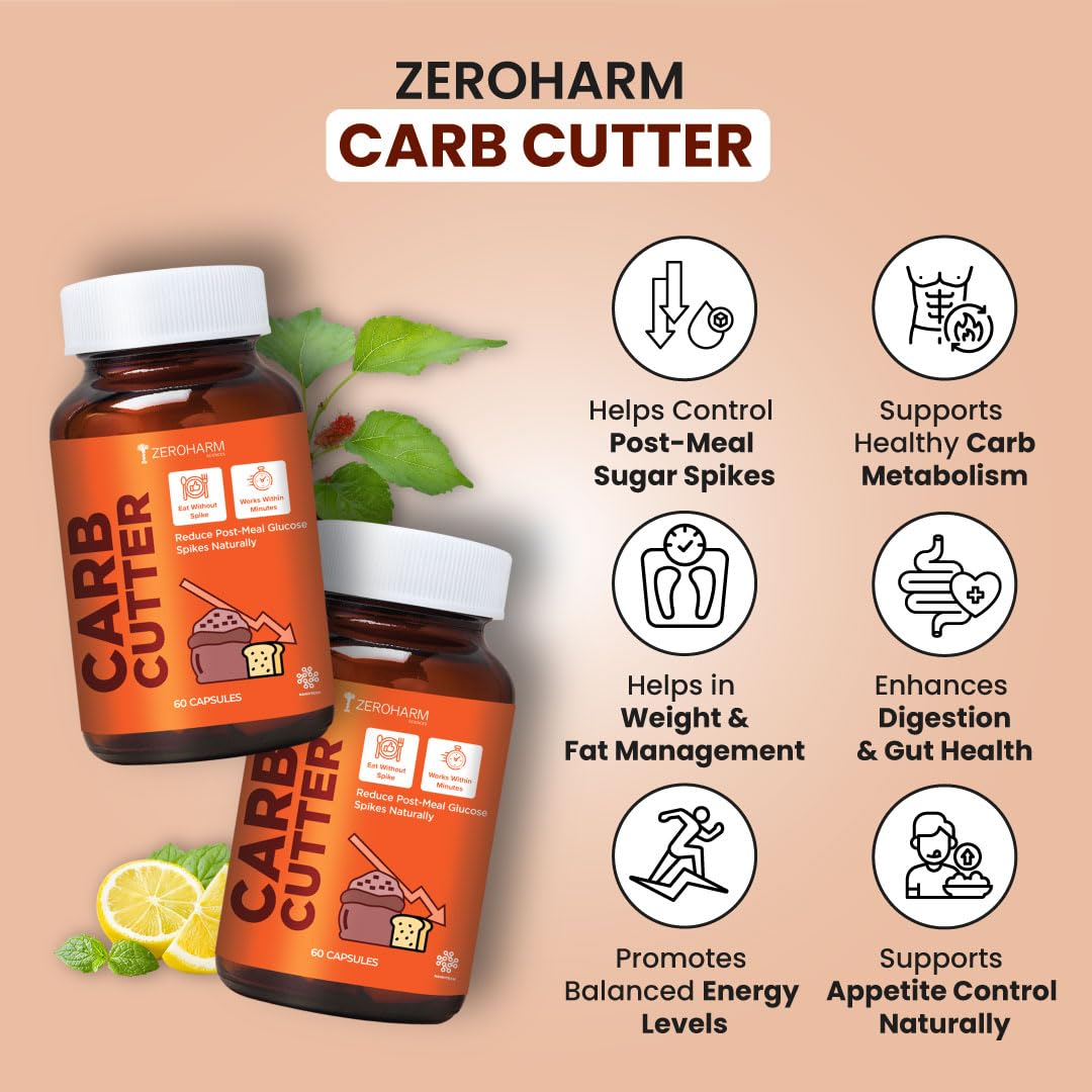 ZEROHARM Nano Carb Cutter | Mulberry Leaf Extract, Berberine, Fenugreek, Lemon & Cinnamon | Supports Post-Meal Glucose & Metabolism | Weight Management Supplement for Men & Women | 60 Capsules
