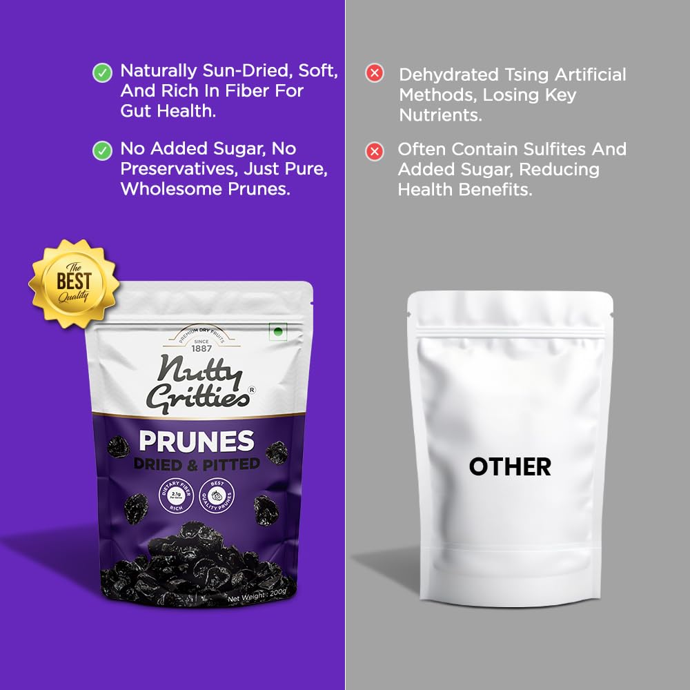 Nutty Gritties California Pitted Prunes 200g | Dried Fruit Plums | Naturally Sweet & Juicy | High in Fiber | Healthy Snack | Re-sealable Pouch
