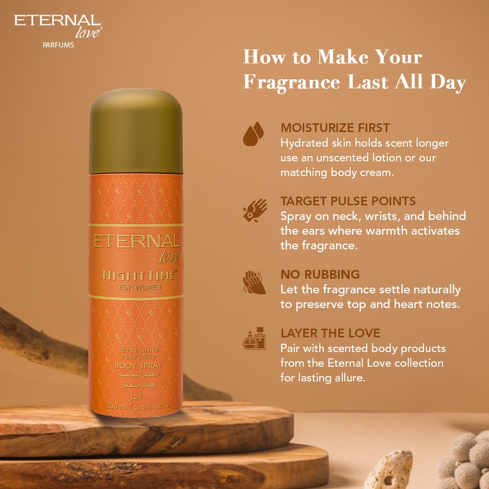 Eternal Love perfume bottle with usage tips on a brown background