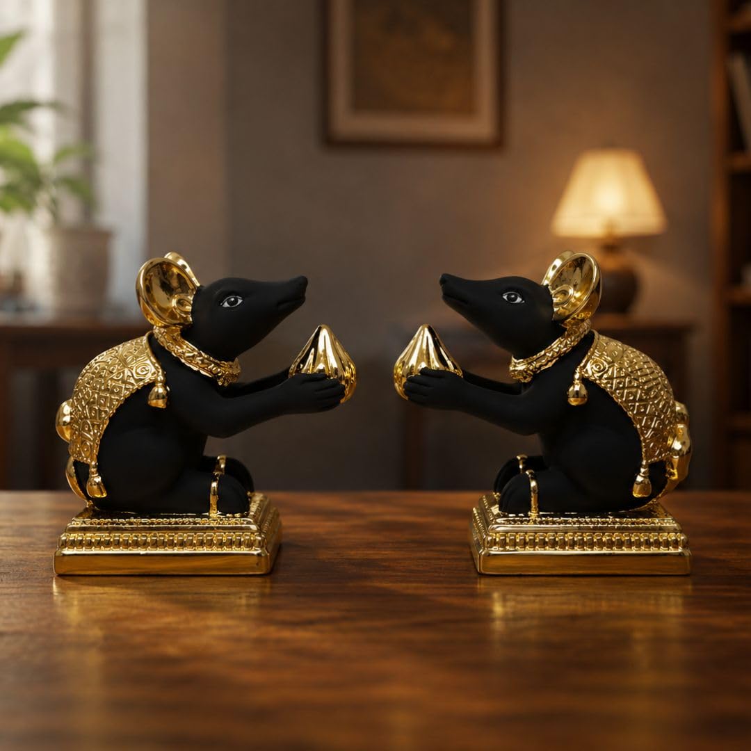 Gold Art India Gold-Plated Mushak (Mooshak) Mouse Pair with Modak | Black Terracotta Finish | Mouse Idol | Vehicle (Vahana) of Lord Ganesha | 2.5 Inch Height | Mandir (Set of 2 pcs)