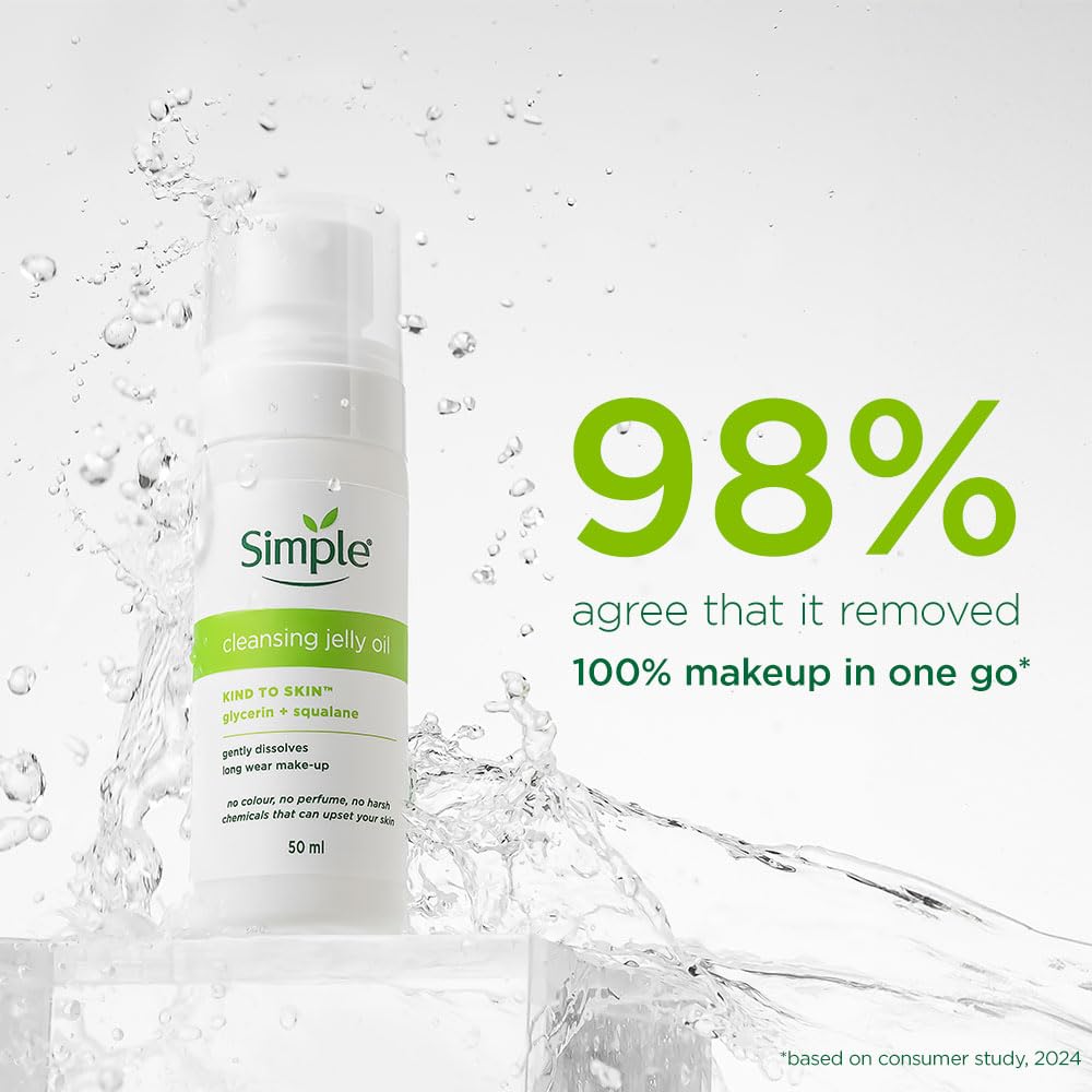 Simple cleansing jelly bottle with water droplets and text about makeup removal efficacy on a light background