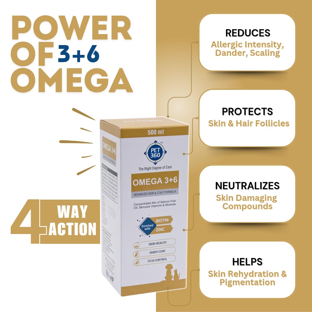 PET360 Omega 3+6 Concentrated Salmon Fish Oil for Dogs & Cats with Vitamins & Minerals | Shinier Coat, Itch & Allergy Control | Improves Skin & Hair Health | Nutritional Supplement for Pets - 500 ml