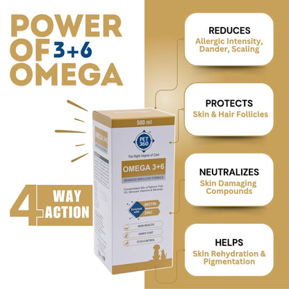 PET360 Omega 3+6 Concentrated Salmon Fish Oil for Dogs & Cats with Vitamins & Minerals | Shinier Coat, Itch & Allergy Control | Improves Skin & Hair Health | Nutritional Supplement for Pets - 500 ml