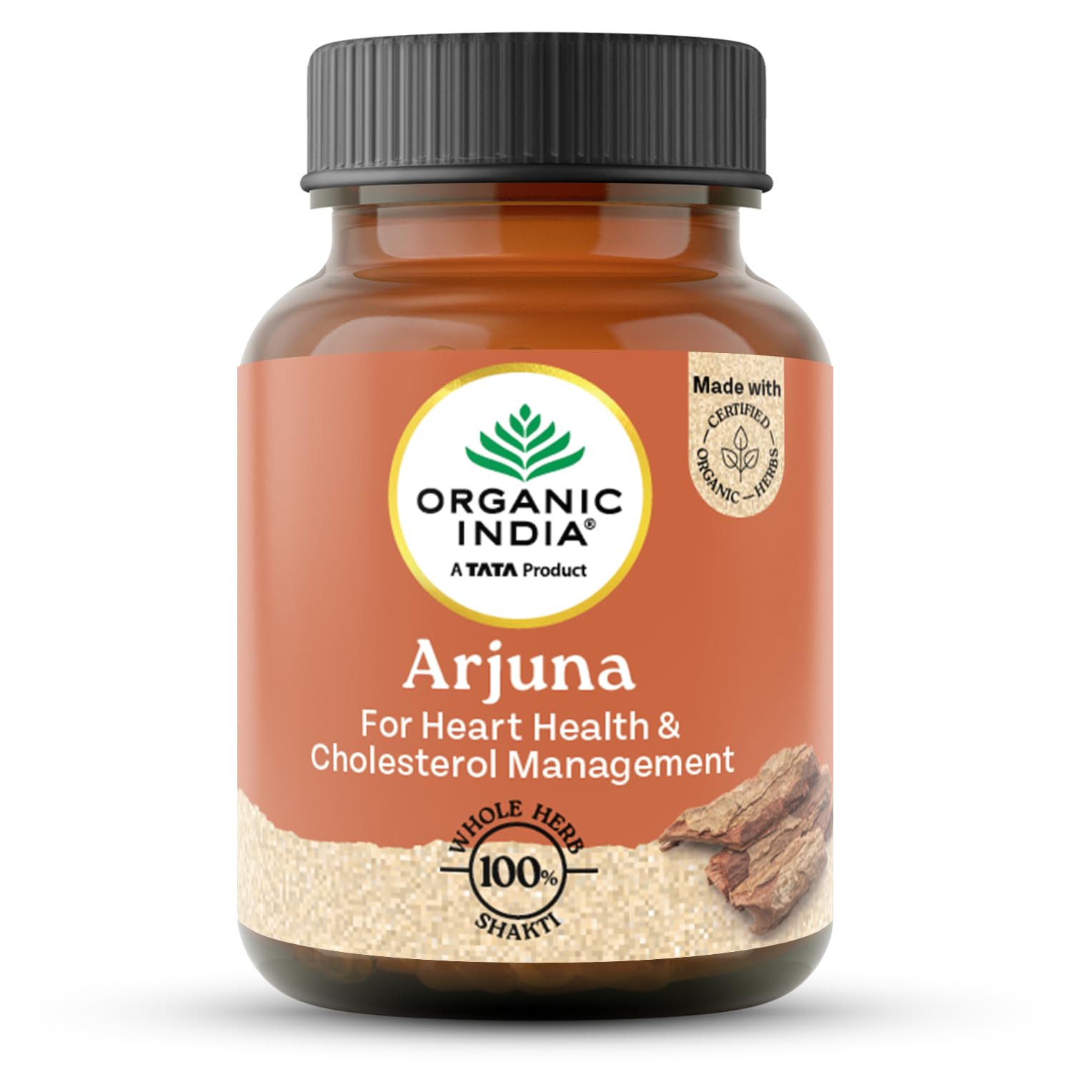 Bottle of Organic India Arjuna supplement on a white background