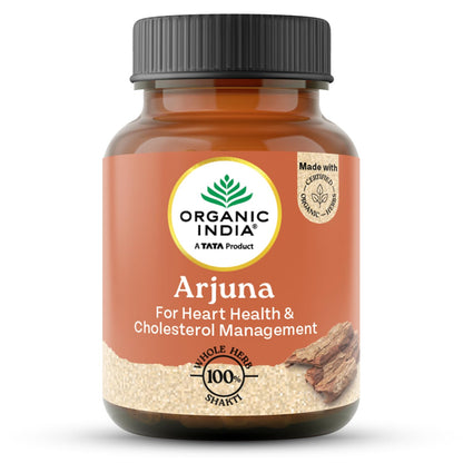 Bottle of Organic India Arjuna supplement on a white background