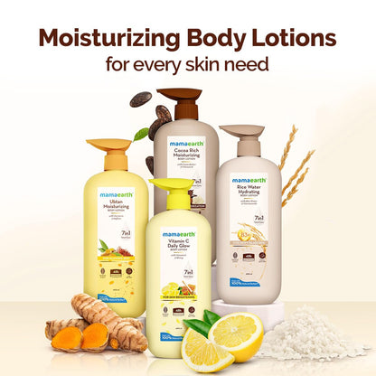 Mamaearth Ubtan Moisturizing Body Lotion with Turmeric & Saffron for Glowing Skin | 48 Hrs Moisturization | Nourishes Dry Skin | 7 in1 Total Care | 100% Natural Butter | Non-Greasy Smooth Skin | 400 ml