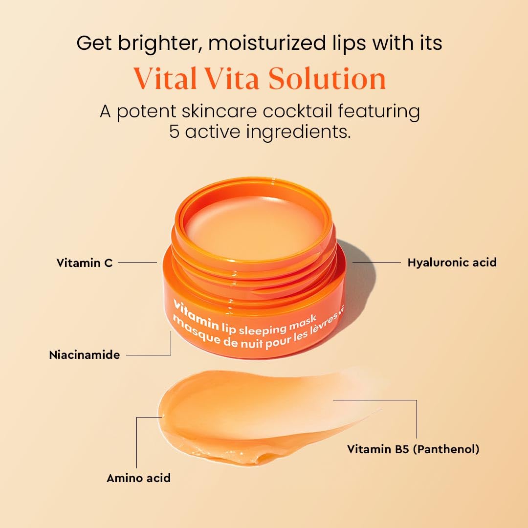 Vitamin lip sleeping mask with labeled ingredients on a beige background