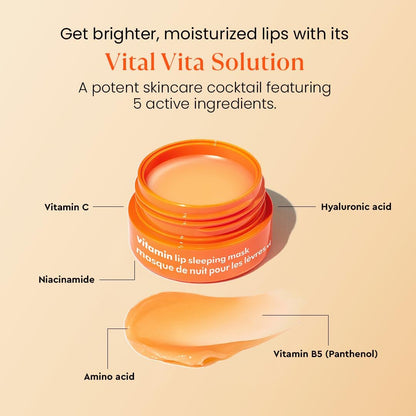 Vitamin lip sleeping mask with labeled ingredients on a beige background