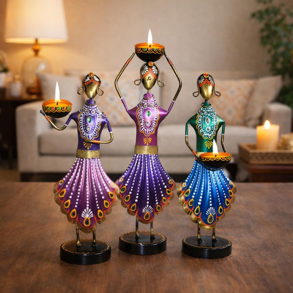 CraftVatika Home Decoration Items for Living Room, Aesthetic Home Decor, Rajasthani Lady Tealight Candle Holder Showpiece for Living Room Tabletop Housewarming Wedding for Man Women