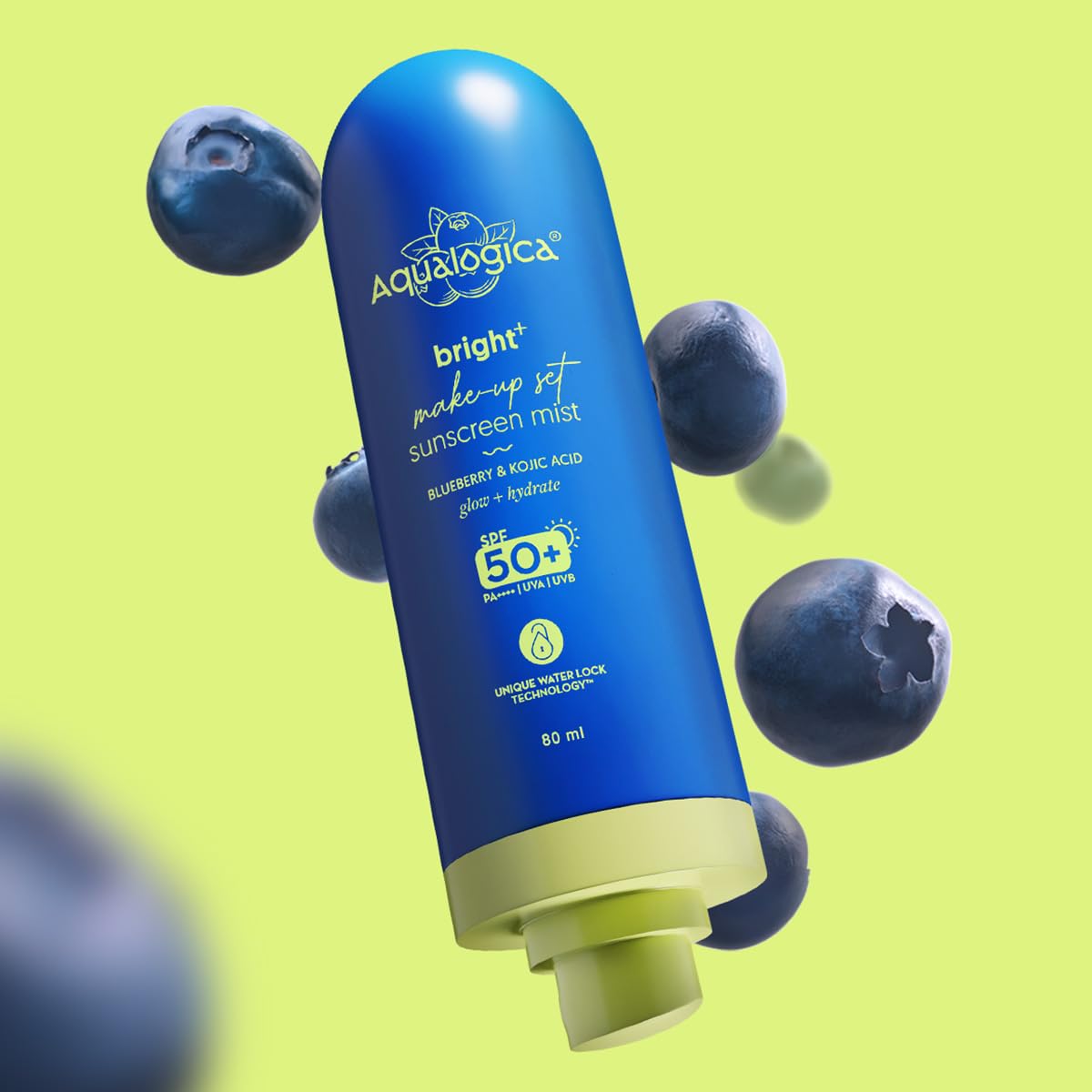 Aqualogica Bright+ Makeup-Set Sunscreen Mist SPF 50+ PA++++ with Blueberry & Kojic Acid | Ultra-Fine Mist for Easy Application over Makeup | Quick Drying | Sets Make-Up | No White Cast | Easy Reapplication | Hydrates & Refreshes | 80 ml