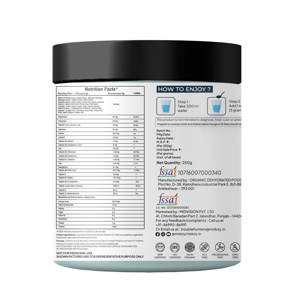 Zephivo Miduty Palak Notes 100% Organic Super Greens Powder Alkalizing with Wheat Grass, Spirulina, Green Tea, and Moringa Leaves - Ultimate Body Detox & Weight Loss Support - 250 grams