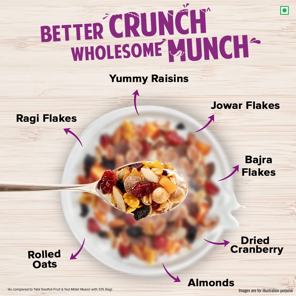 Tata Soulfull Millet Muesli, Fruit & Nut, 700 g, With 20% Crunchy Millets, 90% Whole Grains, Source of Protein, High in Fibre, Contains Ragi, Jowar & Bajra
