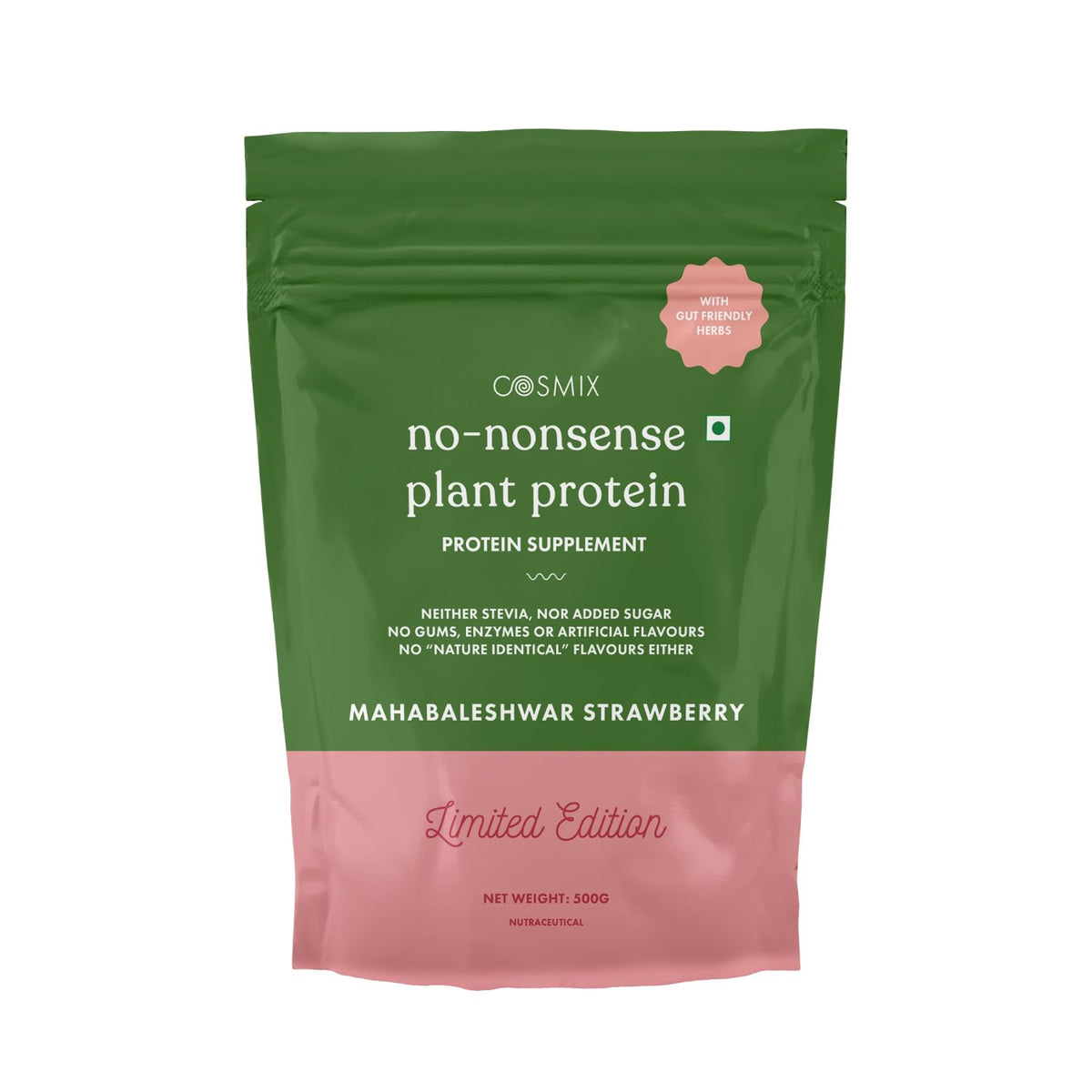 Cosmix no-nonsense plant protein package with green and pink design on a white background