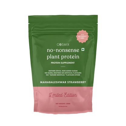 Cosmix no-nonsense plant protein package with green and pink design on a white background
