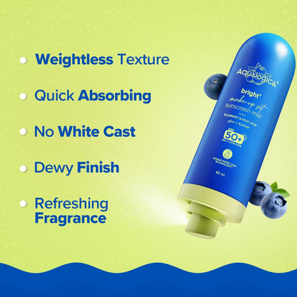 Aqualogica Bright+ Makeup-Set Sunscreen Mist SPF 50+ PA++++ with Blueberry & Kojic Acid | Ultra-Fine Mist for Easy Application over Makeup | Quick Drying | Sets Make-Up | No White Cast | Easy Reapplication | Hydrates & Refreshes | 80 ml