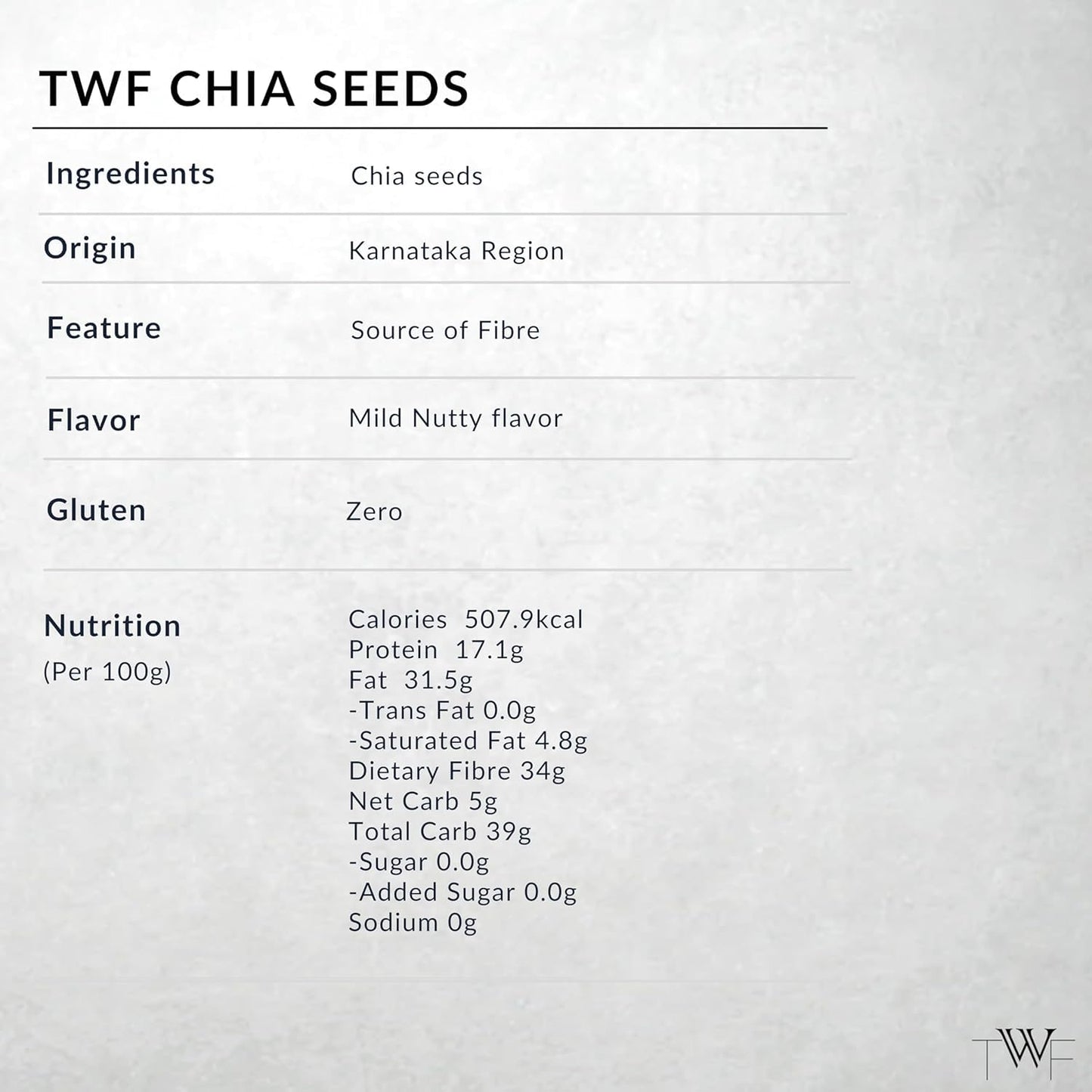 TWF Chia Seeds | AAA Grade Seeds for Eating | Natural Hydrator for Summers | For Weight Loss | Non GMO | Rich In Protein & Dietary Fibre | 100% Clean | Gluten Free Seeds for Smoothies, Oatmeal, Salads & Baking | Resealable Pack