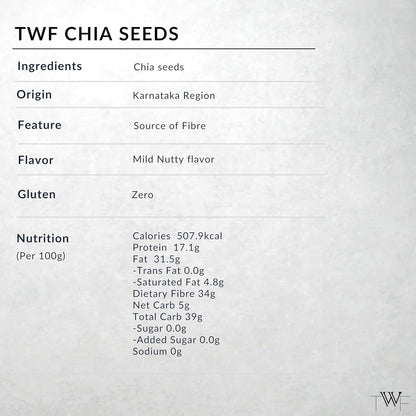 TWF Chia Seeds | AAA Grade Seeds for Eating | Natural Hydrator for Summers | For Weight Loss | Non GMO | Rich In Protein & Dietary Fibre | 100% Clean | Gluten Free Seeds for Smoothies, Oatmeal, Salads & Baking | Resealable Pack