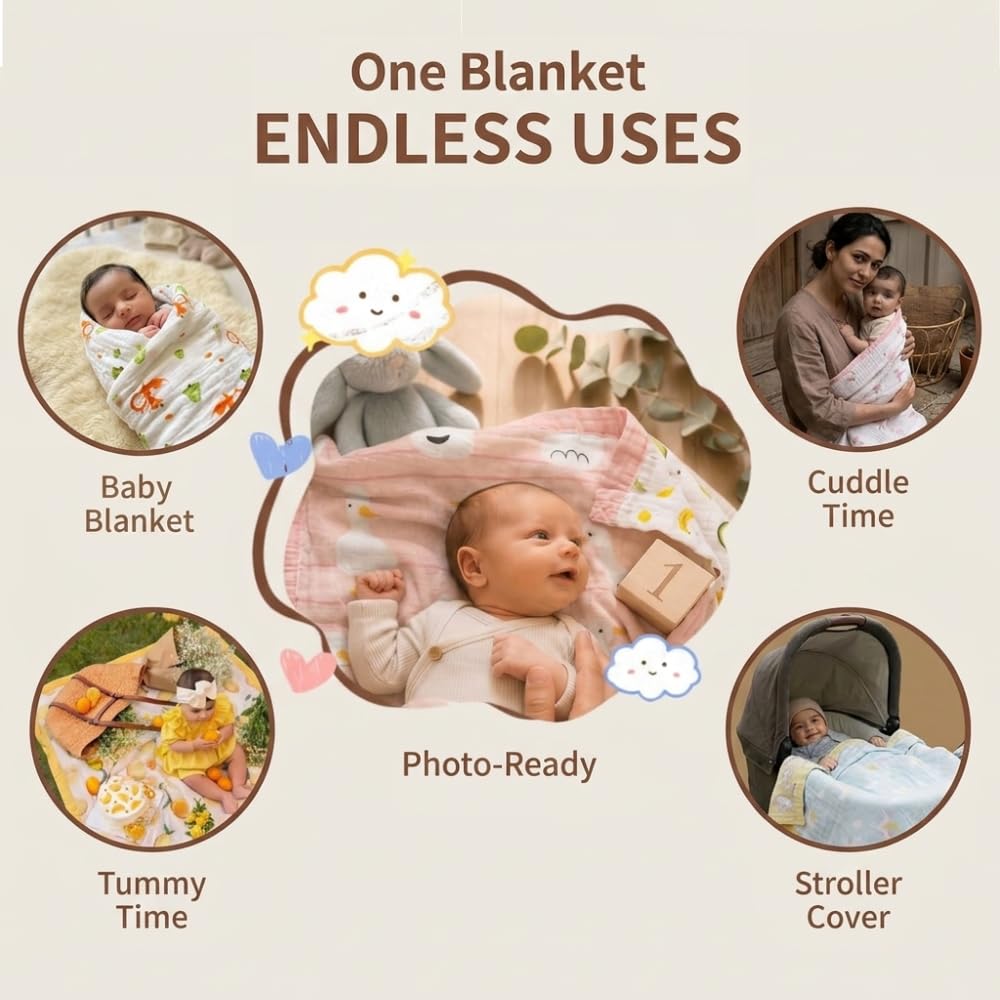 DOTMOM Premium Bamboo 6 Layered Baby Blanket – Hypoallergenic, Antibacterial & Highly Breathable, Super Soft Receiving Wrapper for Newborn Girls & Boys, Baby Essential Bedding – 0 to 3 Years