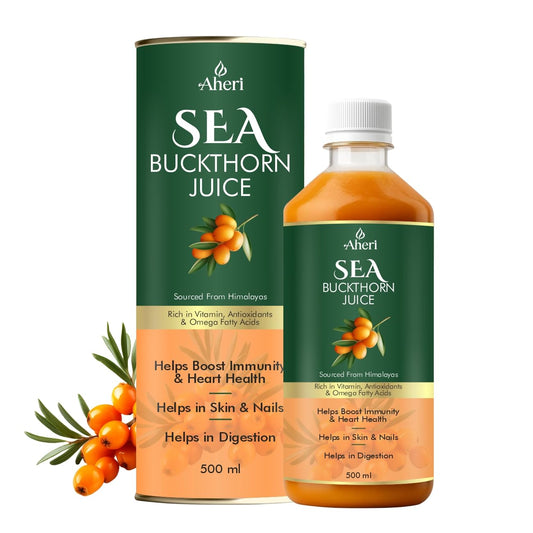 Aheri Sea Buckthorn Juice can and bottle on a white background