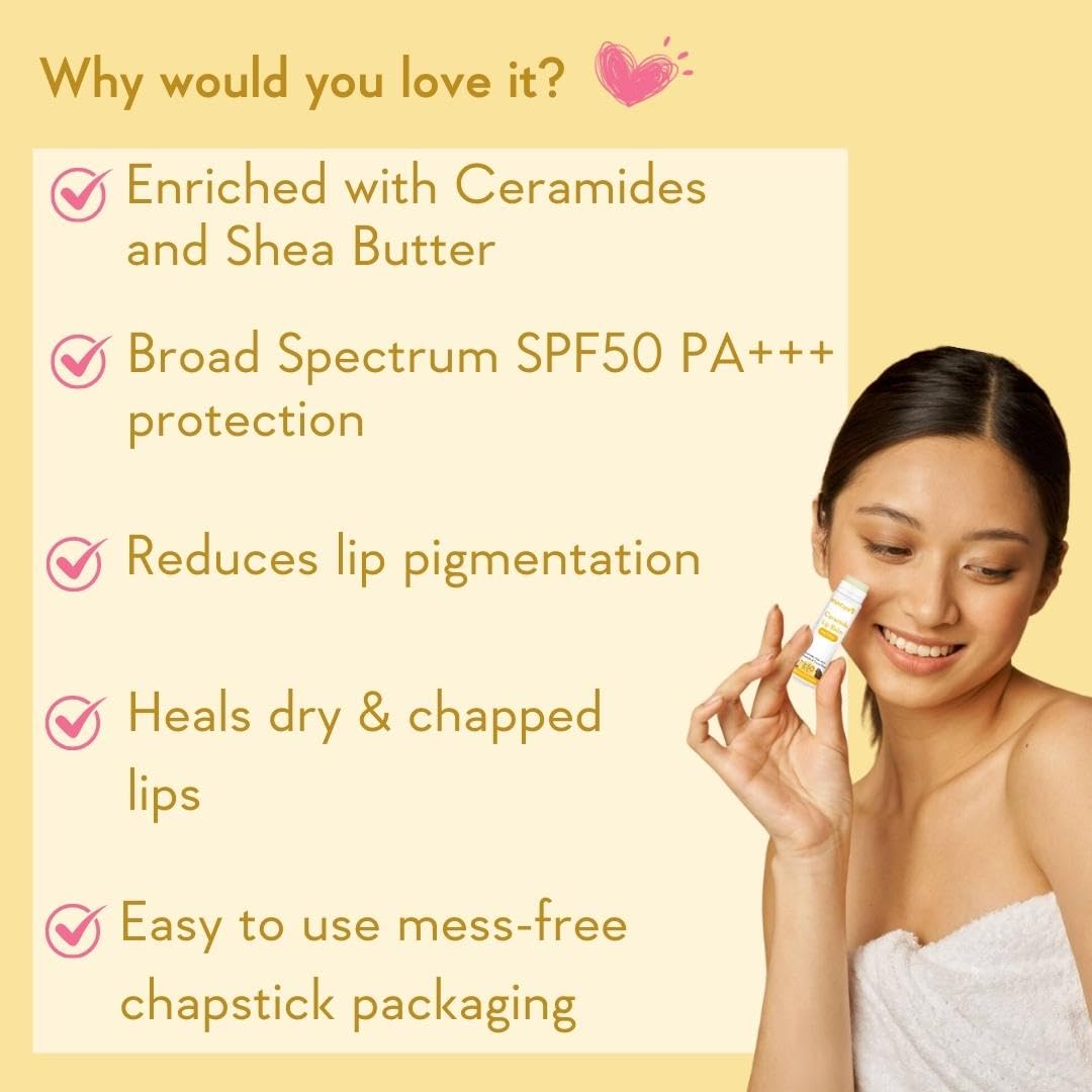 Woman holding a lip balm with product features listed on a yellow background