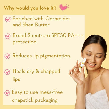 Woman holding a lip balm with product features listed on a yellow background