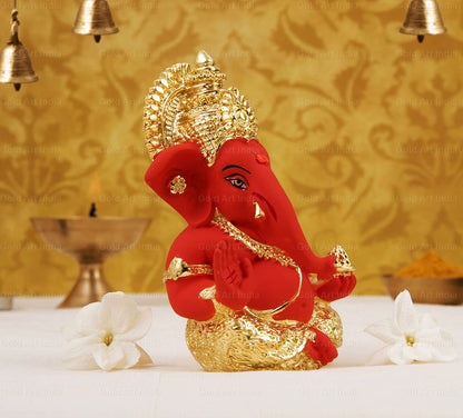 Gold Art India Gold and Silver Plated Gold and Orange Ganesh Idol for Car Dashboard Ganesha Murti Ganpati Idol for Home Decor Puja Lord Ganesh Statue Gift for Office Desk Puja Room Figurine