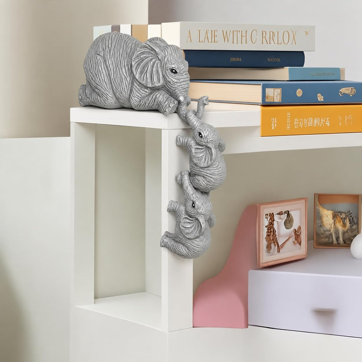 THE SACRED GIFTS Decorative Elephant Family Shelf Sitter | Mother & Baby Hanging Figurines | Hand-Painted Resin Statue | Home Decor | Table Decor | Gift for Mother's Day Special | Home Decorative Item