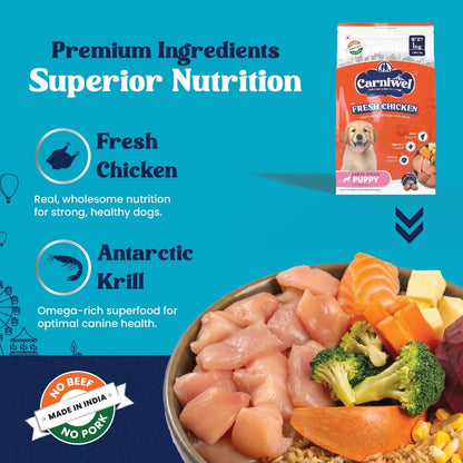 Carniwel Fresh Chicken Puppy Dry Dog Food 1kg | Natural Ingredients for Healthy Skin & Coat | Highly Palatable | Supports Brain & Muscle Development | Tailored, Premium Nutrition for Large Dogs