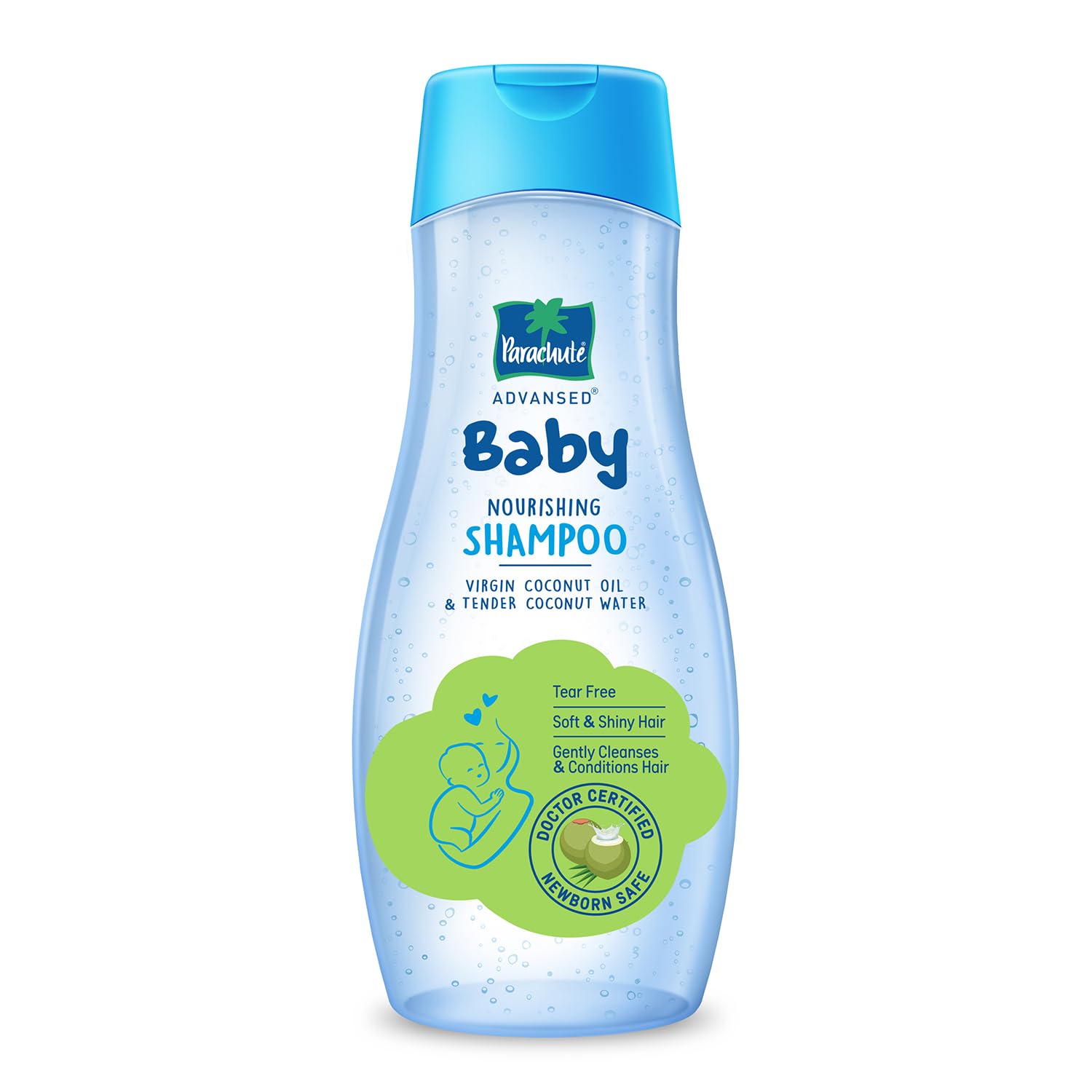 Parachute Baby Nourishing Shampoo bottle with blue cap and label on a white background