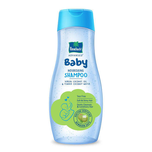 Parachute Baby Nourishing Shampoo bottle with blue cap and label on a white background