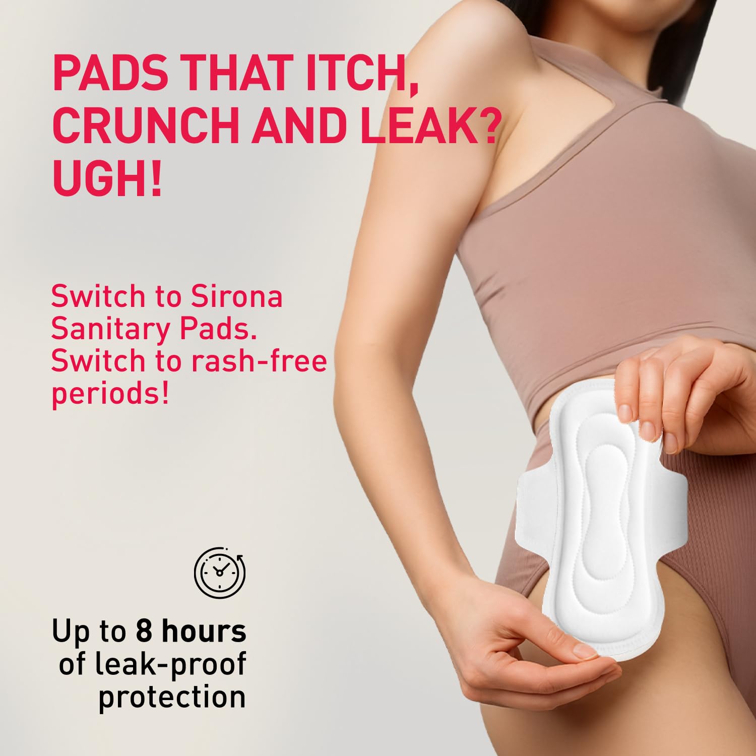 Person holding a Sirona sanitary pad with promotional text on a light background
